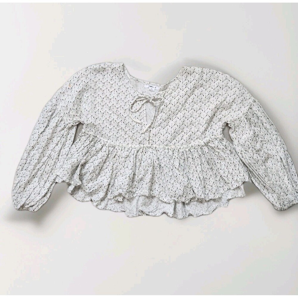 O'Neill Bell Sleeve Blouse White Black Polka Dot Tie Front Boho Peasant Sz M EUC